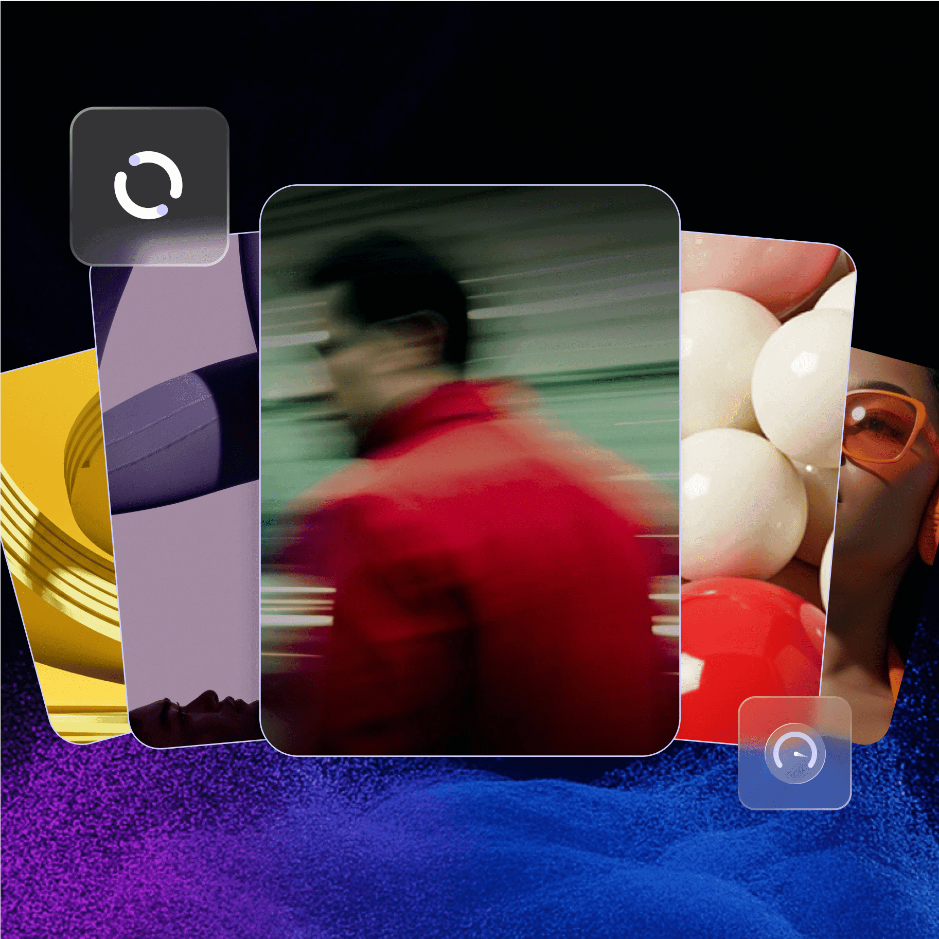 This image visually represents a dynamic platform for managing and optimising diverse creative assets. Multiple overlapping cards display a variety of content, including abstract designs, a motion-blurred action shot, and detailed product imagery, signifying versatility in marketing campaigns. The prominent refresh icon suggests rapid iteration and updates, while the speedometer icon implies performance monitoring and efficiency. The vibrant, textured background enhances the modern, digital aesthetic, emphasising a streamlined and agile approach to content creation and deployment.