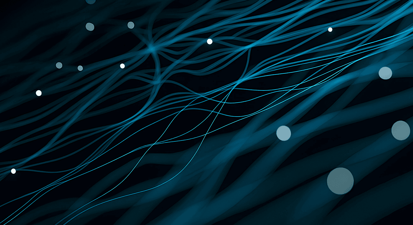 An abstract digital image features a dark blue-black background with numerous glowing, electric blue lines and scattered white and light blue orbs. The lines vary in thickness and focus, some appearing as sharp, thin threads, others as wider, blurred streaks, all flowing in wavy, interconnected patterns across the frame. Bright, circular dots, some in sharp focus and others softly blurred (bokeh effect), are interspersed among the lines, suggesting a dynamic network, data streams, or a futuristic technological landscape.