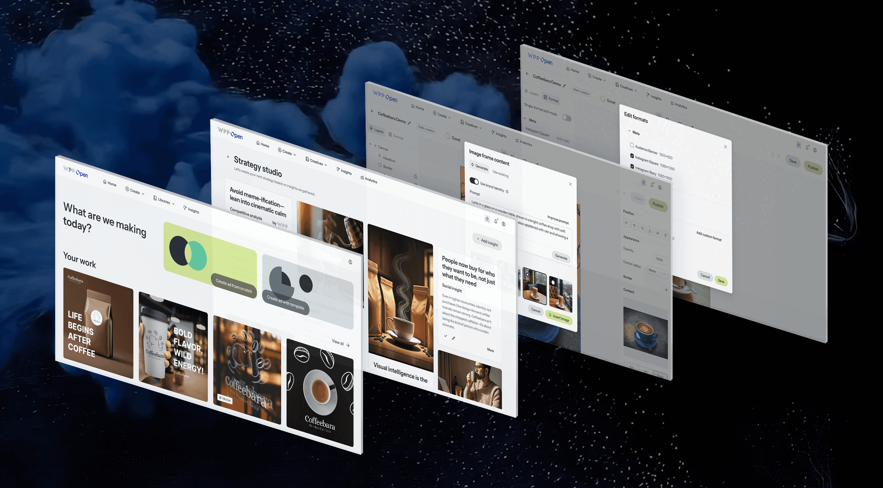 A dynamic, angled shot showcases multiple overlapping screens of a digital platform, "WPP Open Pro," against a dark and starry background. The screens appear to be part of a creative or marketing suite, displaying various functionalities from strategy and content creation to format editing.