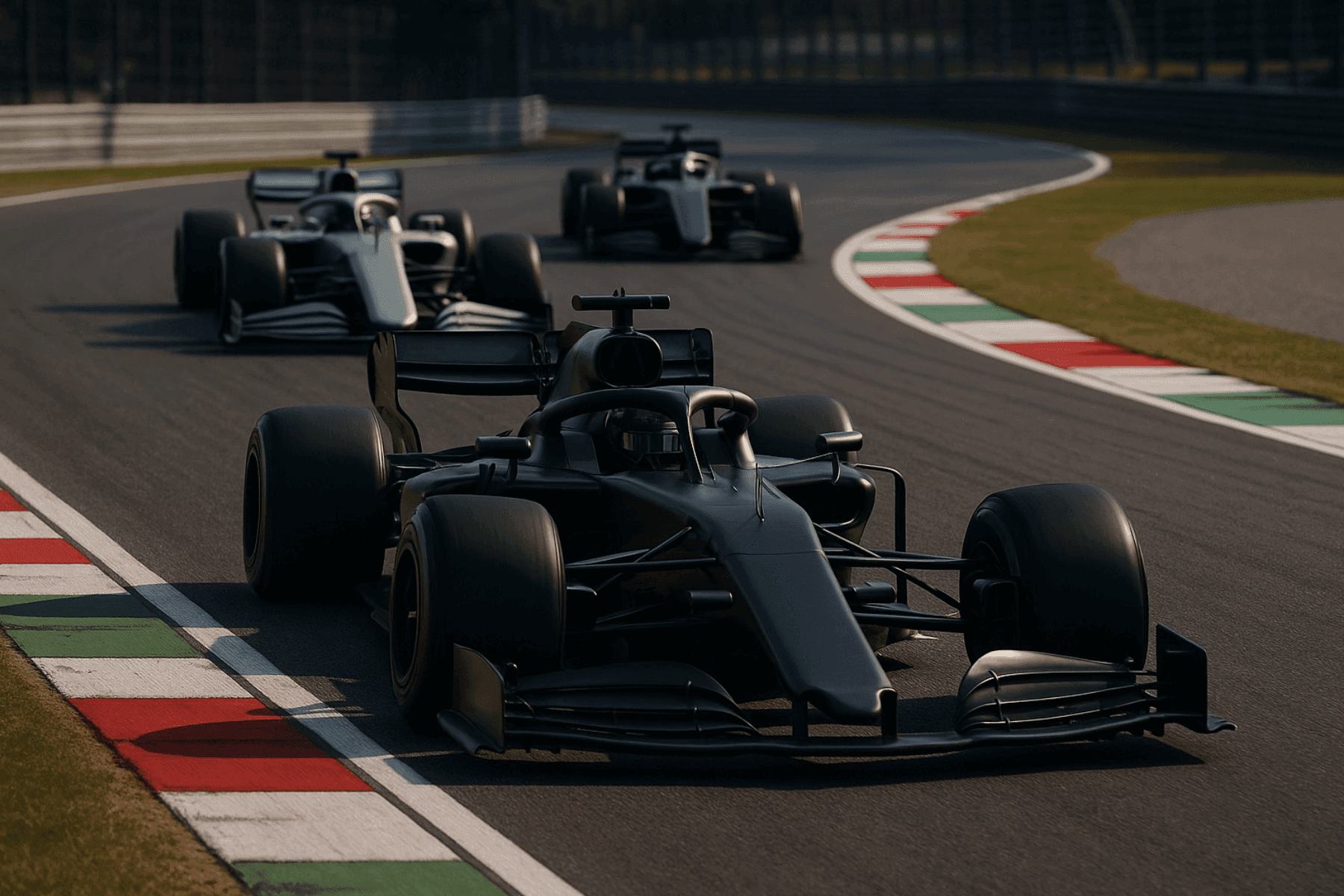 Three Formula 1 cars, one dark grey in the foreground and two others (one white, one dark grey) in the background, racing on a track with red and white curbing on a turn.