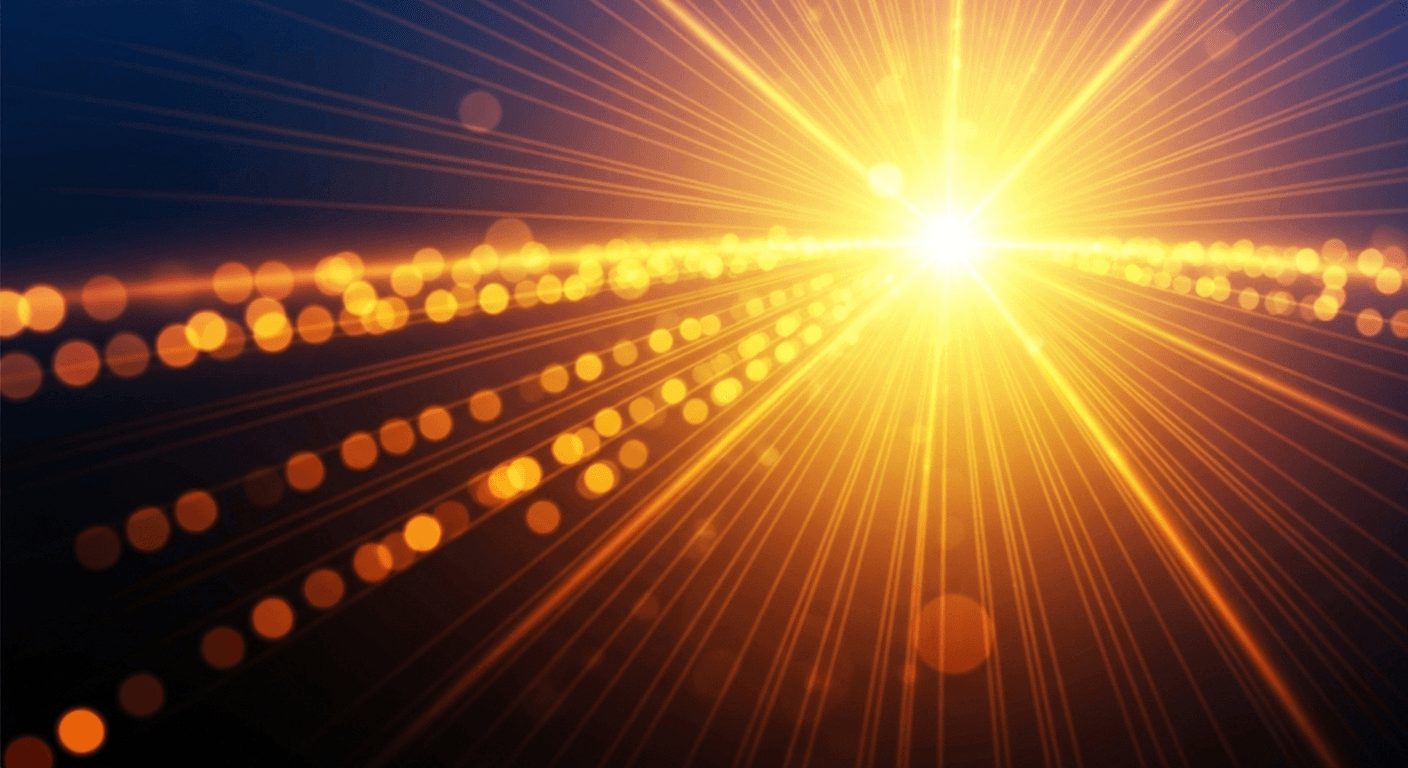 A vibrant, abstract image dominated by a central, bright source of light, radiating outwards with intense luminosity. The core is a concentrated, almost blinding, golden-yellow hue, transitioning to warm orange and amber tones as the light disperses.