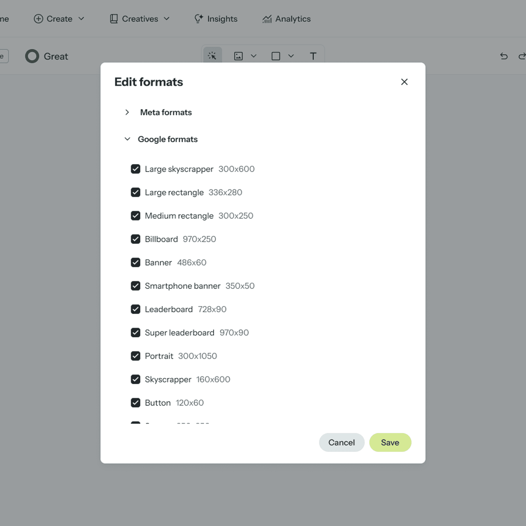 A screenshot of a digital advertising platform interface, likely for managing creative assets or campaigns. The main focus is a modal window titled "Edit formats" that overlays a larger application screen.