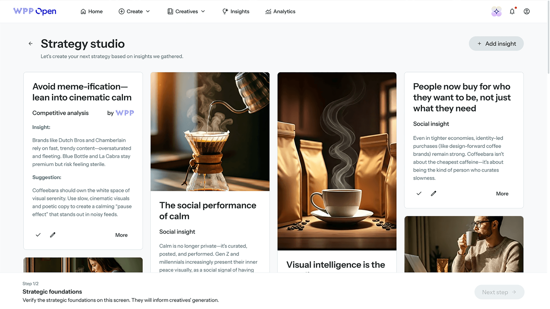 A screenshot of a "Strategy studio" interface from "WPP Open Pro," displaying strategic insights for a brand, likely "Coffeebara." The page is titled "Strategy studio" with the subtitle "Let's create your next strategy based on insights we gathered."