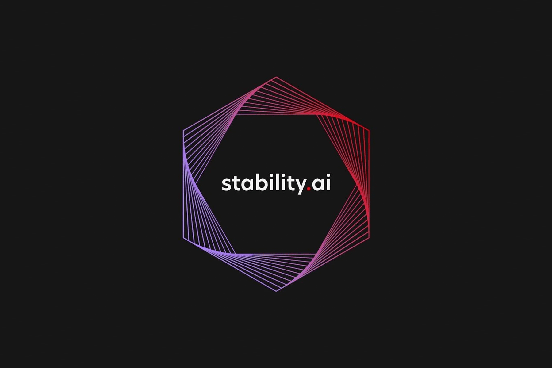 The logo for "Stability AI" features the company name "stability.ai" in white, sans-serif text, centered within a hexagonal outline. This outline is formed by multiple thin lines that create a gradient effect, transitioning from purple on the left to red on the right, all set against a dark background.