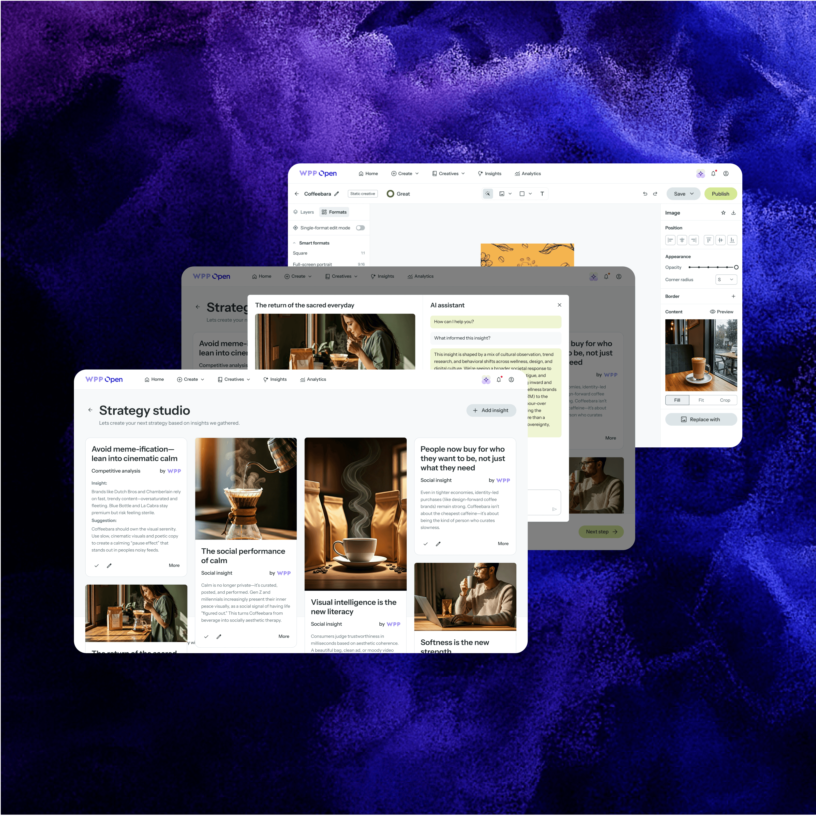 This image illustrates the WPP Open Pro platform, showcasing its integrated AI-powered marketing strategy and creative development tools. The "Strategy Studio" presents actionable insights for a coffee brand, "Coffeebara," focusing on themes like "cinematic calm" and consumer identity. An "AI assistant" provides context for these insights, while an overlapping creative editor demonstrates options for image formatting and properties, highlighting a comprehensive workflow from strategic planning to content creation.
