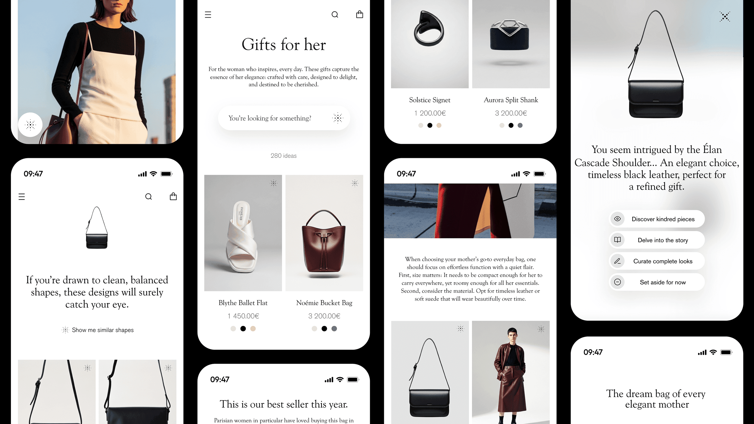 A collage of eight mobile phone screens, arranged in a grid-like fashion, showcasing a fashion ecommerce application.