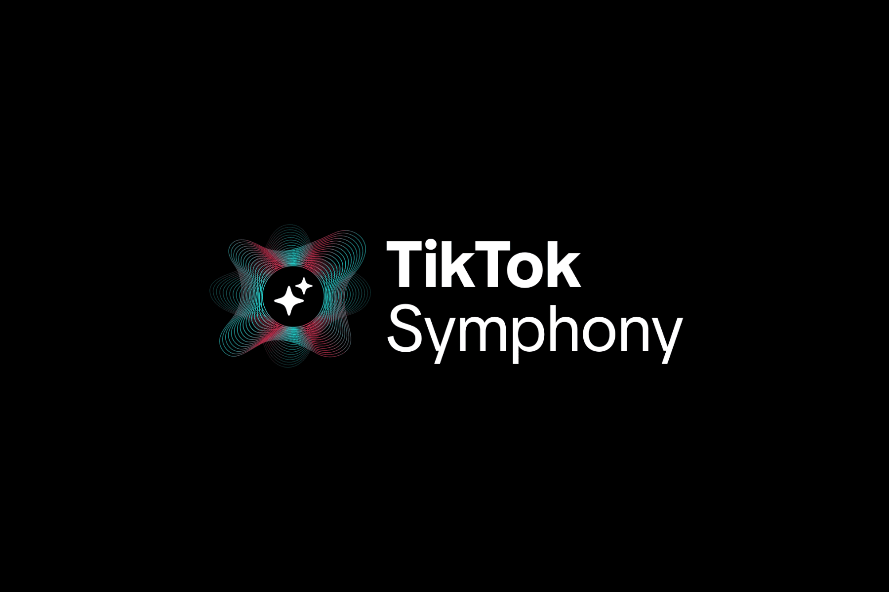 The logo for "TikTok Symphony" features a stylised, abstract graphic on the left, composed of swirling lines in teal and red, with two white sparkles in the center. To the right, the words "TikTok" and "Symphony" are stacked in white, sans-serif text, all against a black background.