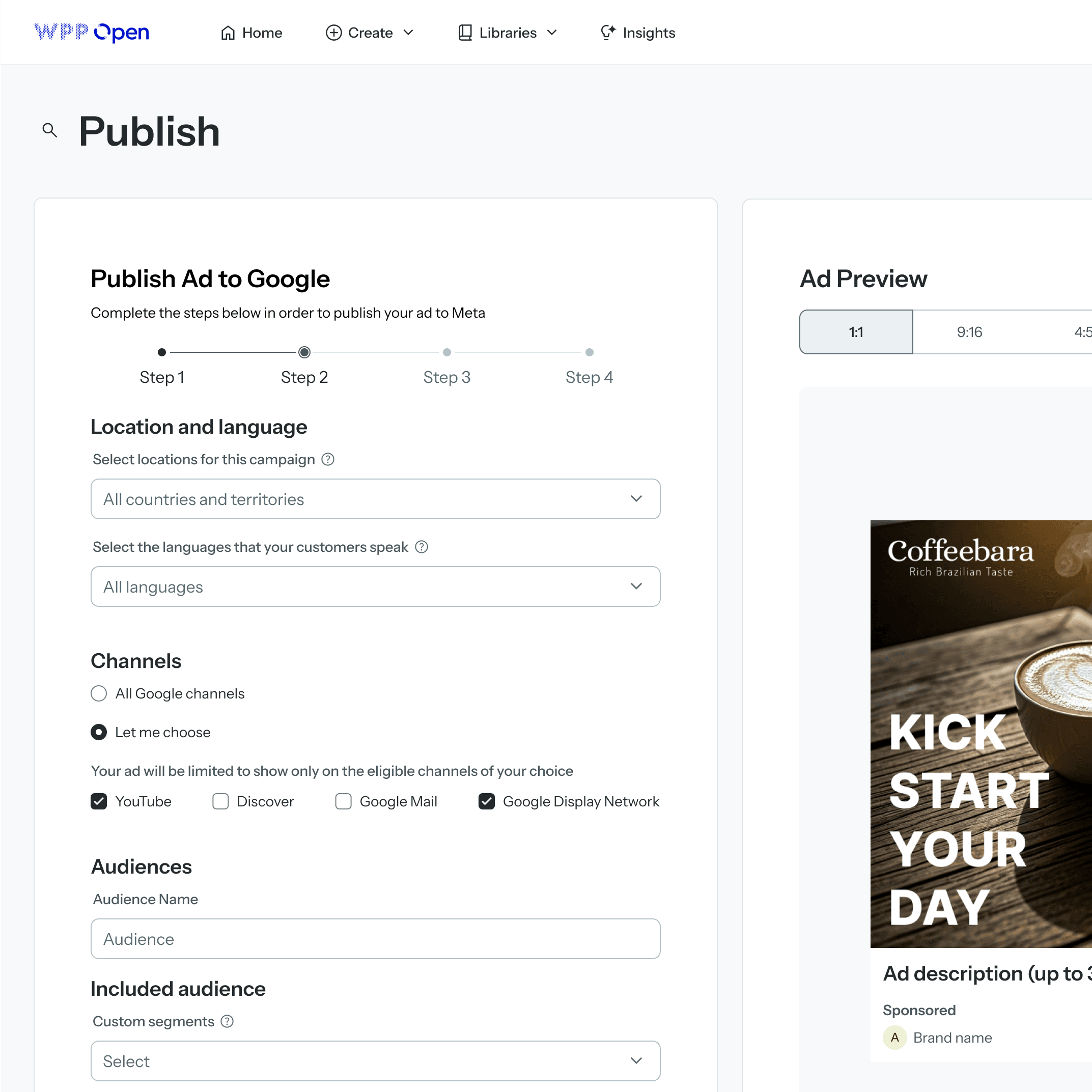 A screenshot of a digital advertising platform, "WPP Open," showing the "Publish" page for an ad campaign.
The top header features the "WPP Open" logo on the left, followed by navigation links: "Home," "Create," "Libraries," and "Insights."
The main content area is titled "Publish" and is divided into two main sections: publishing settings on the left and an ad preview on the right.